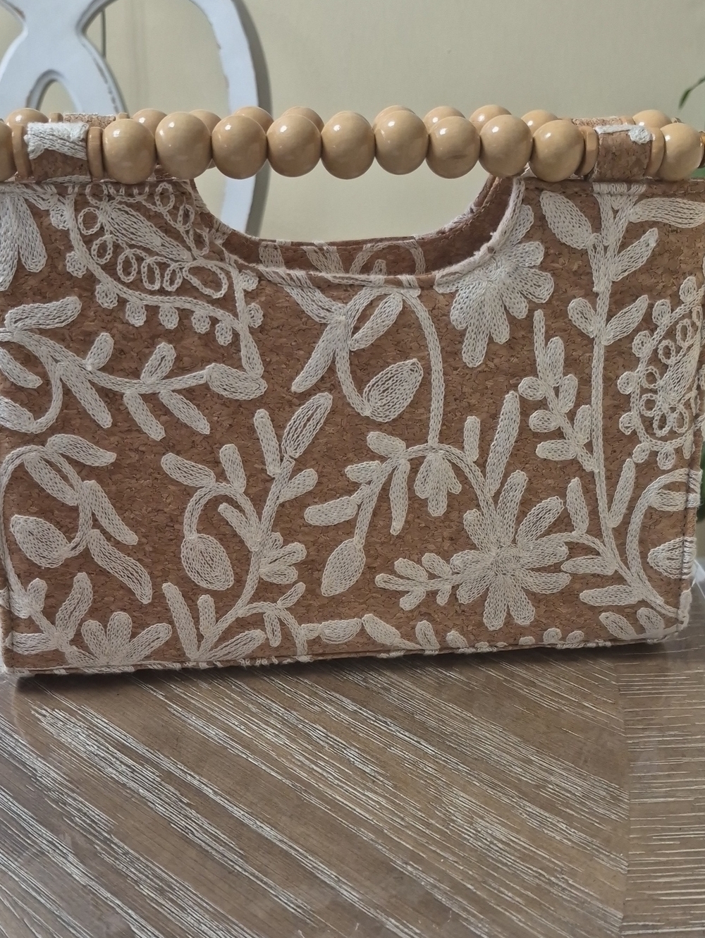 White Floral Embroidered Cork Clutch with Beaded Handle